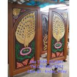 TD223 ประตูไม้สักบานคู่ ลายนกยูงบนดอกบัว ขนาด 200X200 ซม.