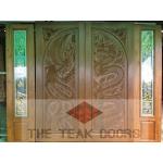ประตูไม้สัก ข้างกระจกสเตนกลาส ชุด 4 ชิ้น (บานเปิด-ปิด)
