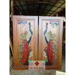 TD264 ประตูไม้สักบานคู่ ลายนกยูงบนหน้าผา ขนาด 160X200ซม.