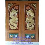 TD266 ประตูไม้สักบานคู่ ลายมังกรล่างฟักทอง ขนาด 160X200 ซม.