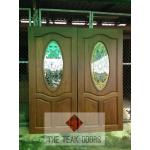 ประตูไม้สัก บานเดี่ยว กระจกสเตนกลาสทรงรี 2 ฟักล่าง