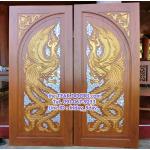 TD234 ประตูไม้สักบานคู่ ลายหงส์ ขนาด 180X200 ซม.