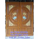 TD239 ประตูไม้สักบานคู่ วงกลมปลาเงินทองมุมดอกไม้ ขนาด 160X200ซม.