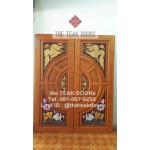 TD227 ประตูไม้สักบานคู่ วงล้อบนมังกรล่างปลาทอง ขนาด 160X200ซม.