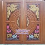 TD212 ประตูไม้สักบานคู่ วงล้อมังกร ล่างปลาทอง (เงินไหลกอง ทองไหลมา) ขนาด 180X200 ซม.