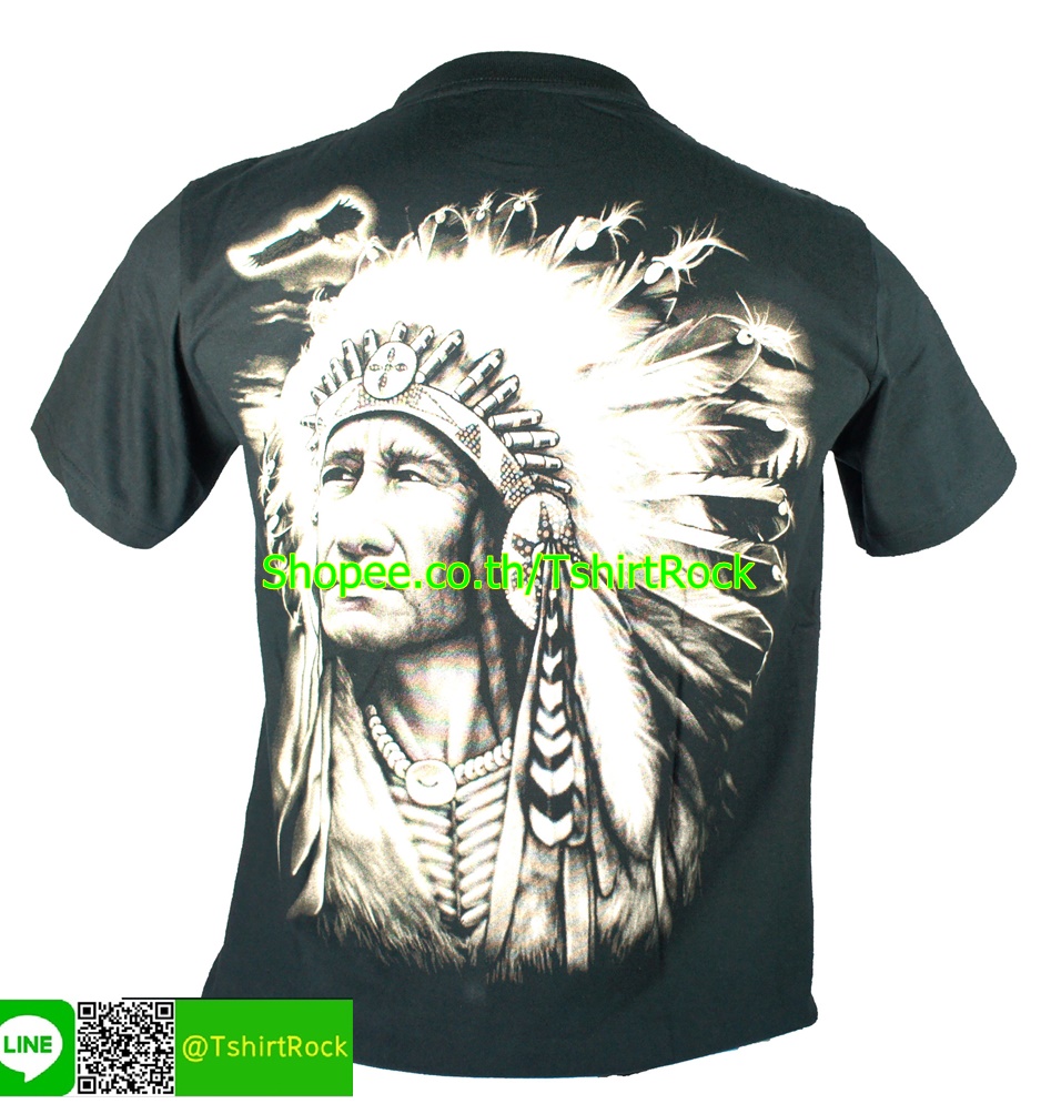 เสื้อลาย หัวหน้าเผ่า อินเดียแดง เสื้อยืดสีดำ สกรีนหน้าหลัง ไซร์ยุโรป RCA117