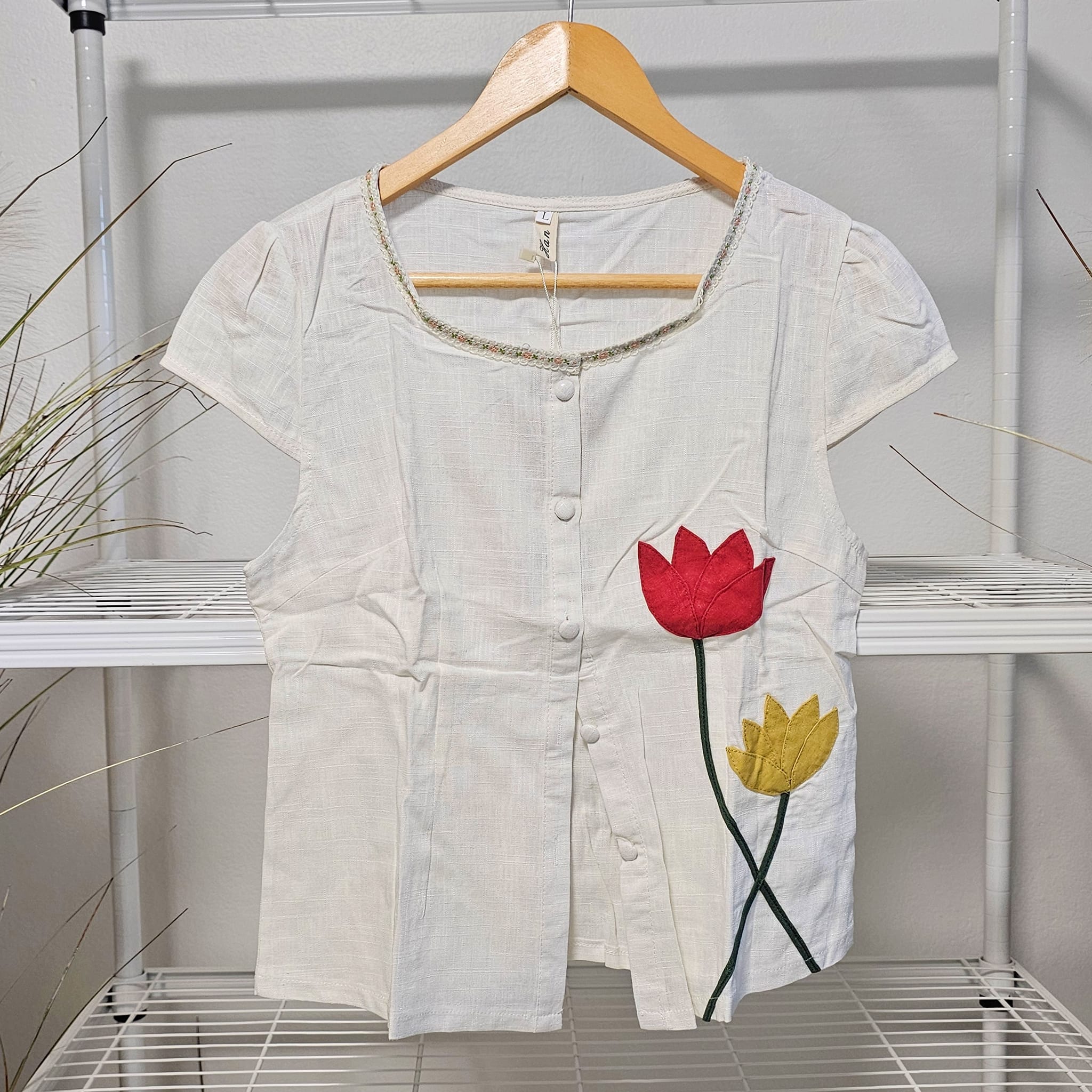 เสื้อฝ้ายสีขาวDiyดอกไม้