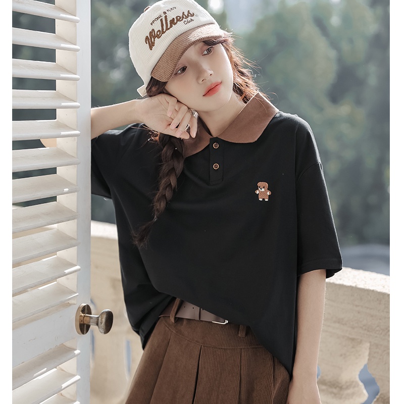 พร้อมส่ง : เสื้อคอปกโปโลแขนสั้นปักลายหมี