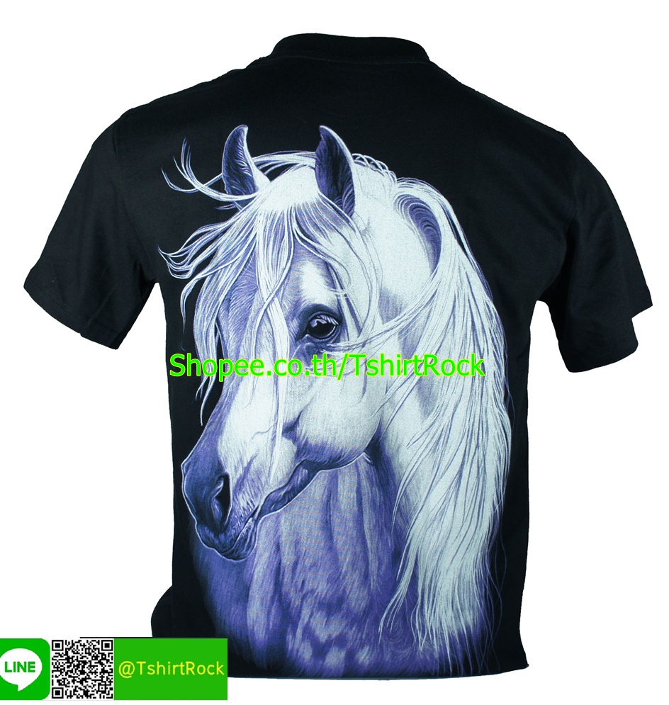 เสื้อลาย ม้าขาว หน้าเต็ม เสื้อยืดสีดำ สกรีนหน้าหลัง ไซร์ยุโรป RCA151