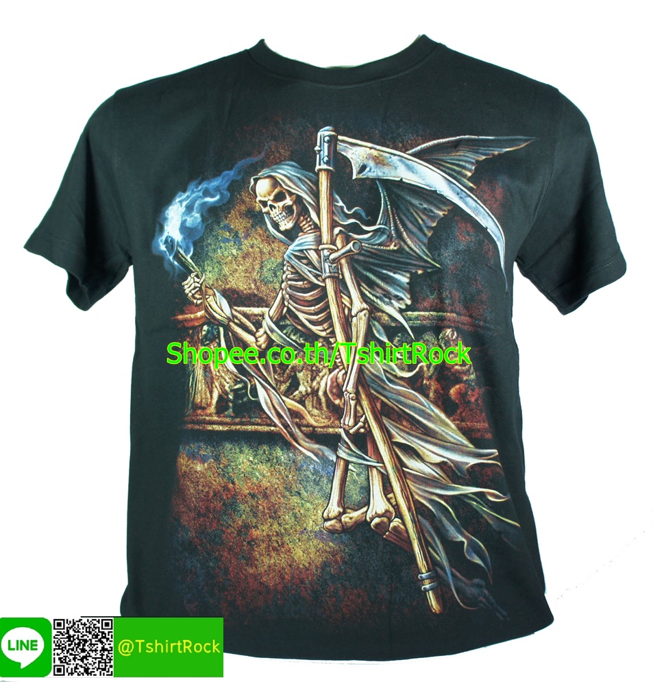 เสื้อลาย กะโหลก ยมทูต กริม รีปเปอร์ ผี เสื้อยืดสีดำ สกรีนหน้าหลัง ไซร์ยุโรป RCG236