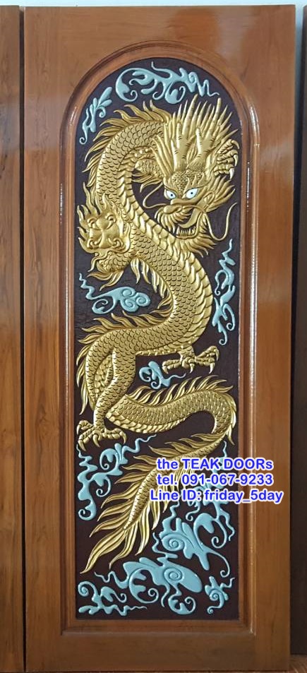 TD102 ประตูไม้สัก บานเดี่ยว ลายดราก้อน ขนาด 80X200ซม.