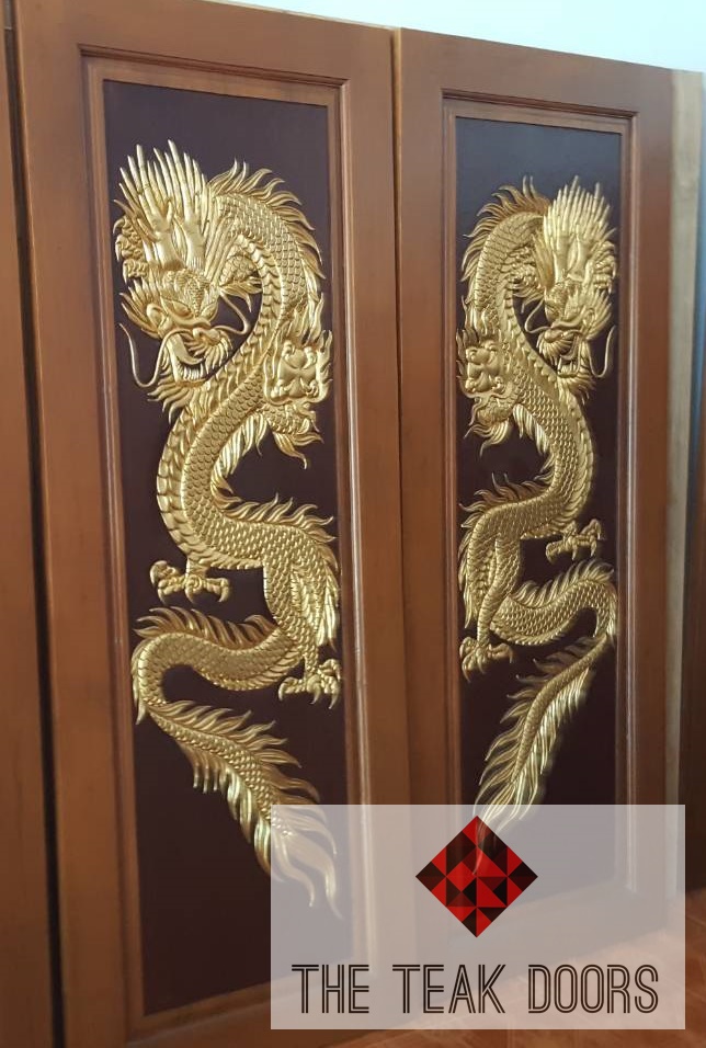 TD202 ประตูไม้สักบานคู่ ลายดราก้อน ขนาด 160X200ซม.