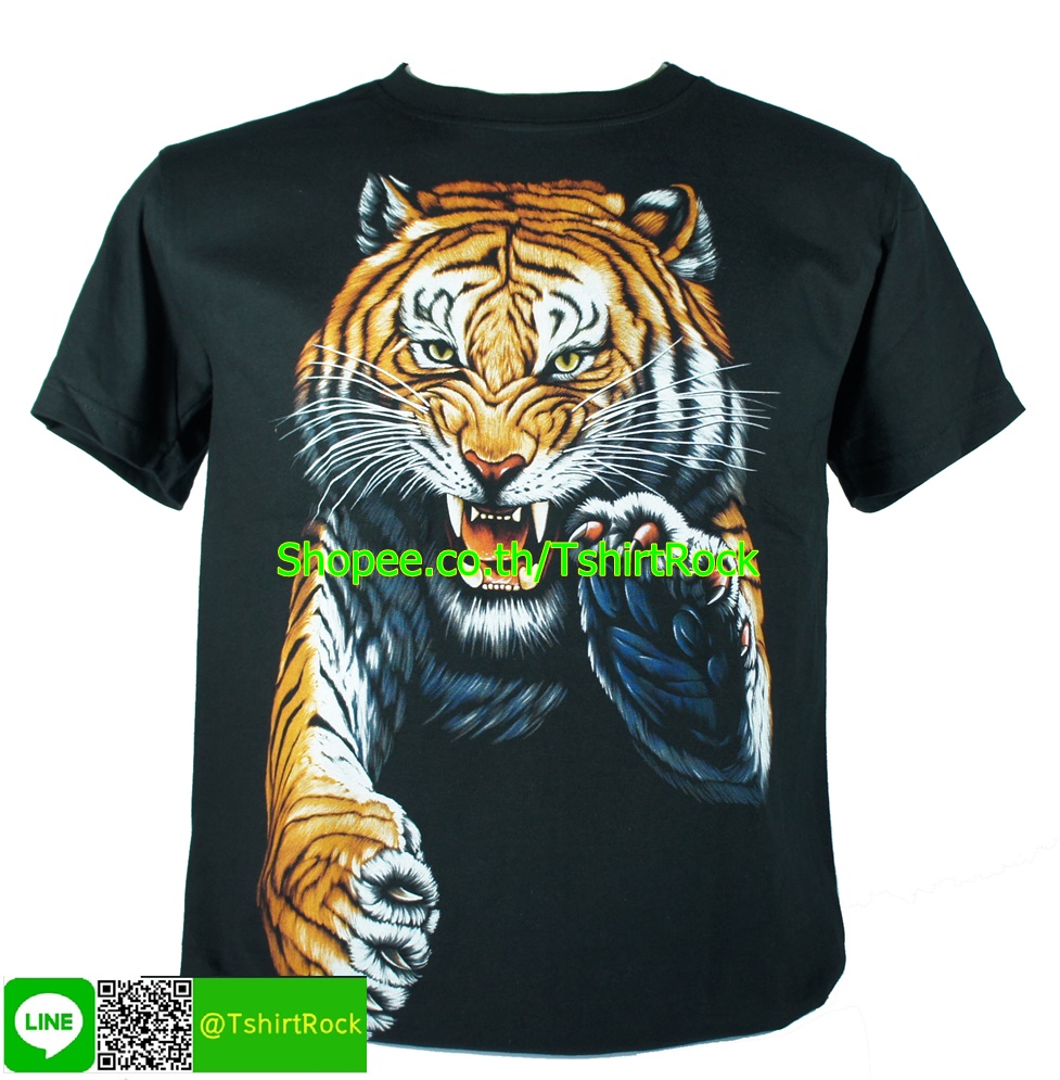 เสื้อลาย เสือโคร่งกระโจน เสื้อยืดสีดำ สกรีนหน้าหลัง ไซร์ยุโรป RCA89