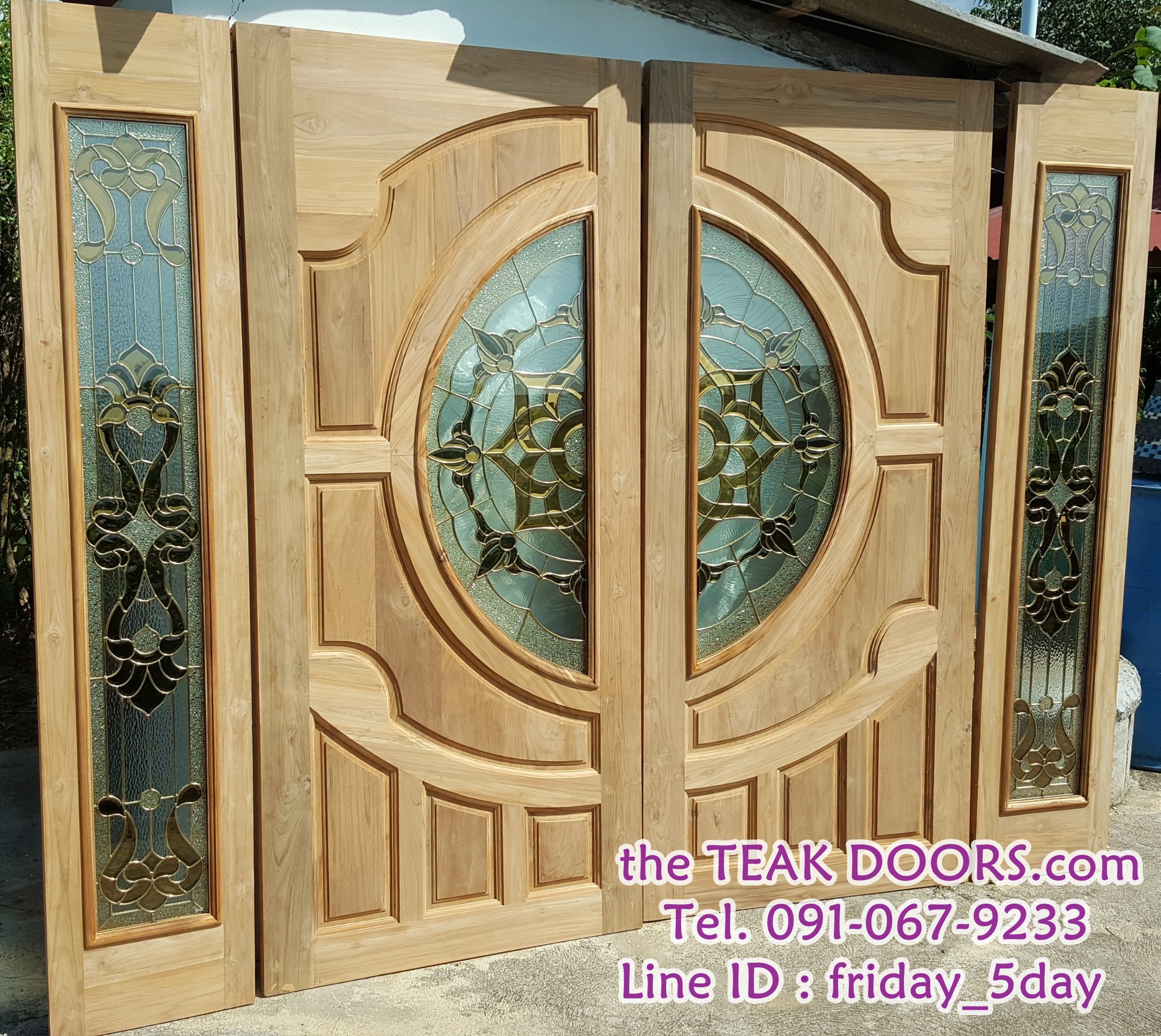 ประตูไม้สัก กระจกสเตนกลาส ชุด 4 ชิ้น (บานเปิด-ปิด)