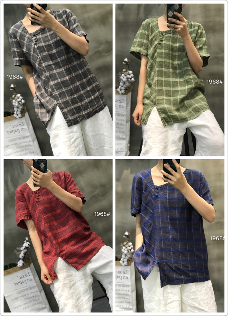 เสื้อลินินผสมฝ้ายลายสก็อตวินเทจ