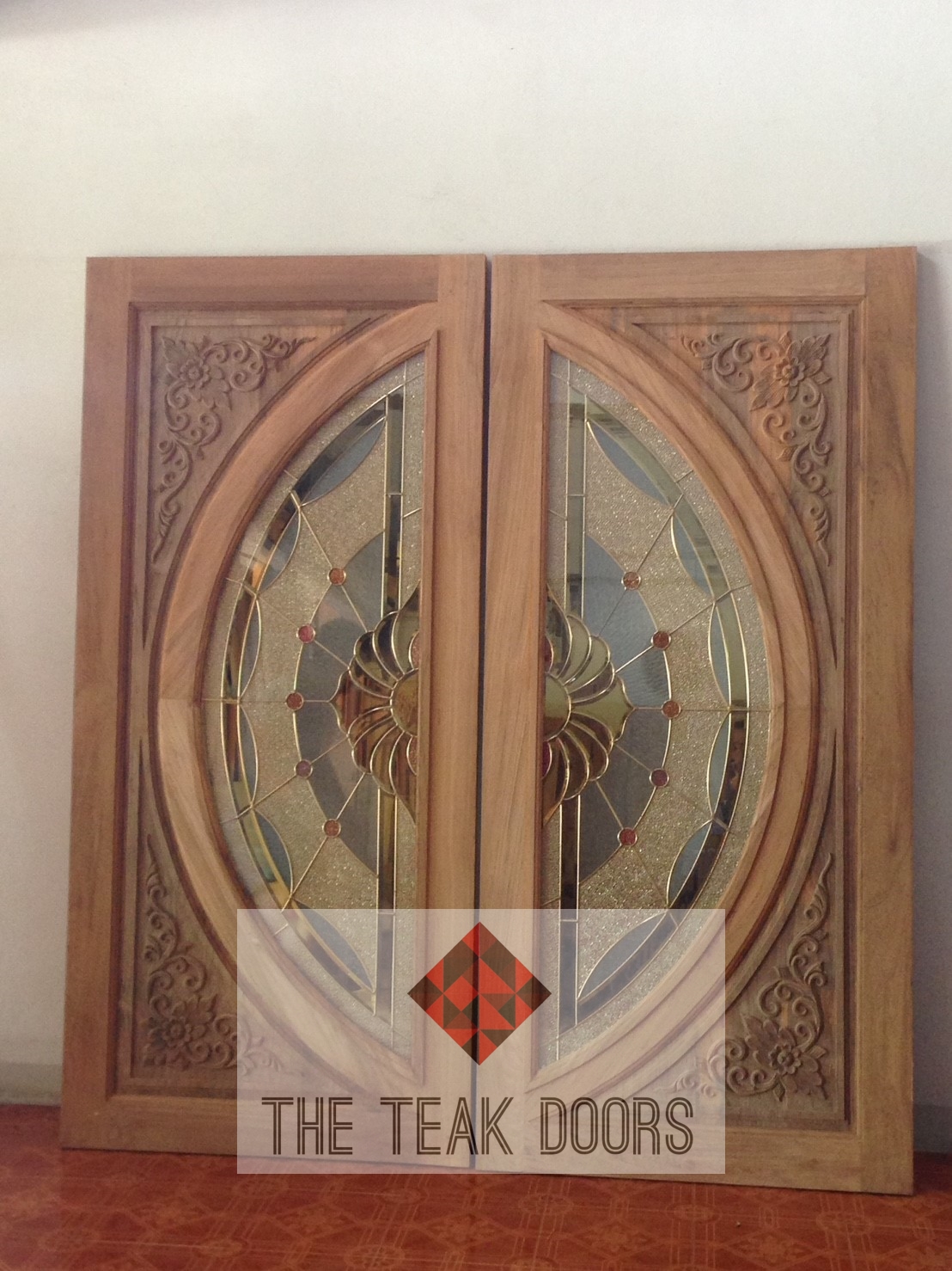 ประตูไม้สักกระจกสเตนกลาส ขนาด 160X200ซม.