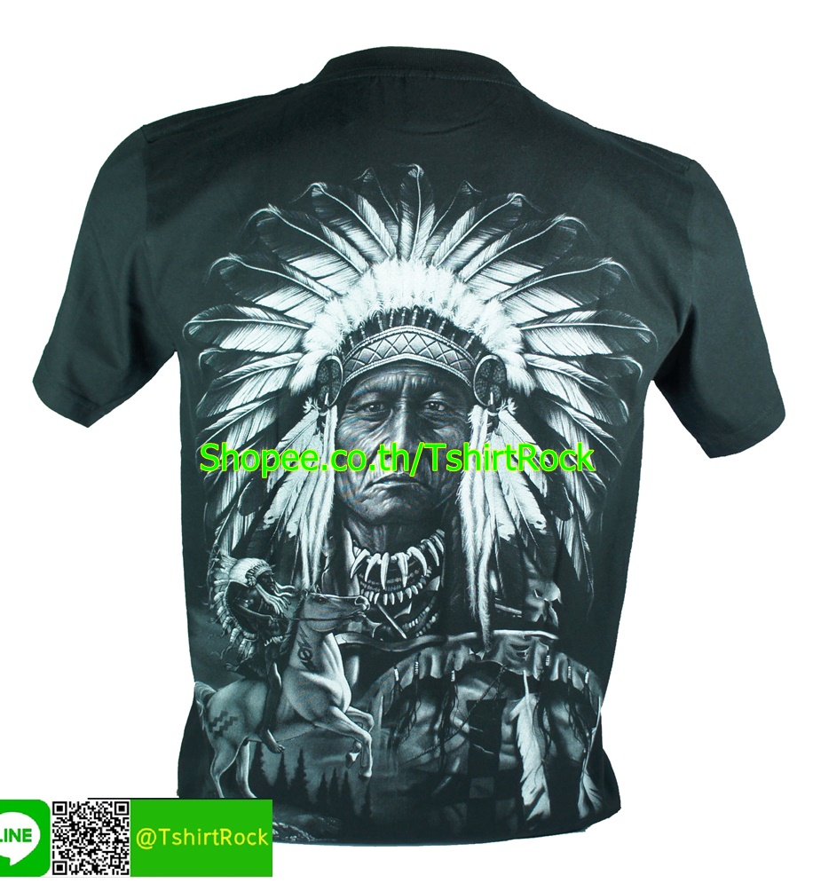 เสื้อลาย หัวหน้าเผ่า อินเดียแดง เสื้อยืดสีดำ สกรีนหน้าหลัง ไซร์ยุโรป RCA166