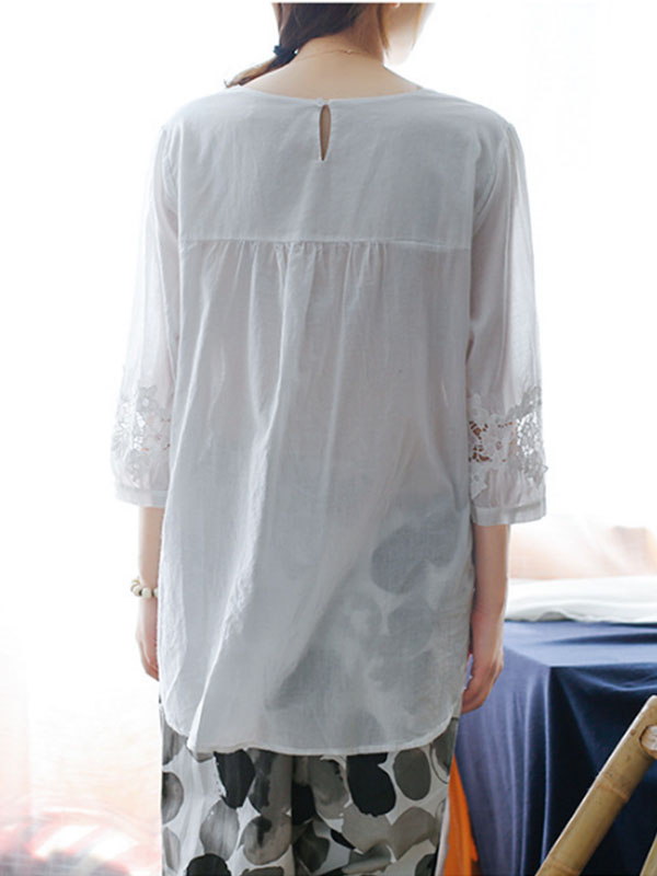 เสื้อฝ้ายสีขาวฉลุลูกไม้