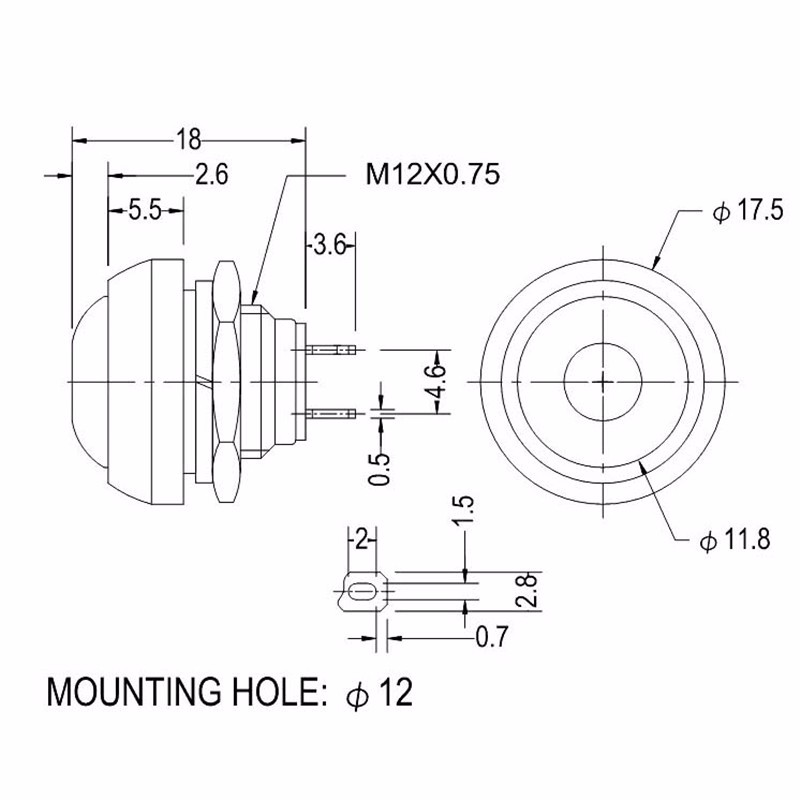 สวิทซ์ปุ่มรีเซ็ท 12MM กดติดปล่อยดับ แป้นบอลสีขาว วัสดุ ABS