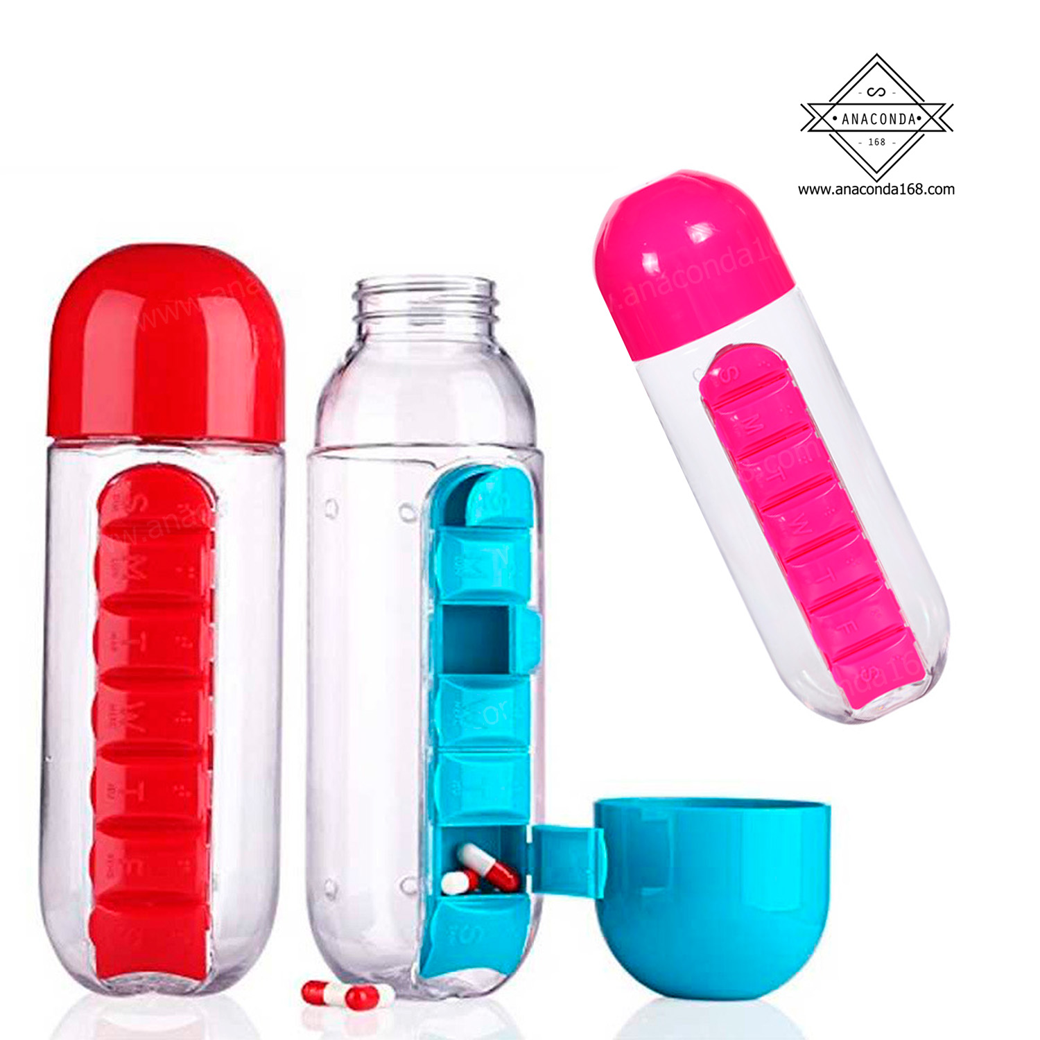 ขวดน้ำพลาสติก พร้อมช่องใส่ยา กระบอกน้ำพร้อมตลับใส่ยา 7 วัน (pill box water bottle)