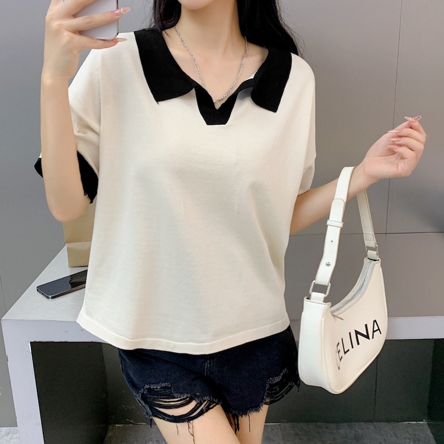 พร้อมส่ง : เสื้อไหมพรมแขนสั้นคอปกสีทูโทน