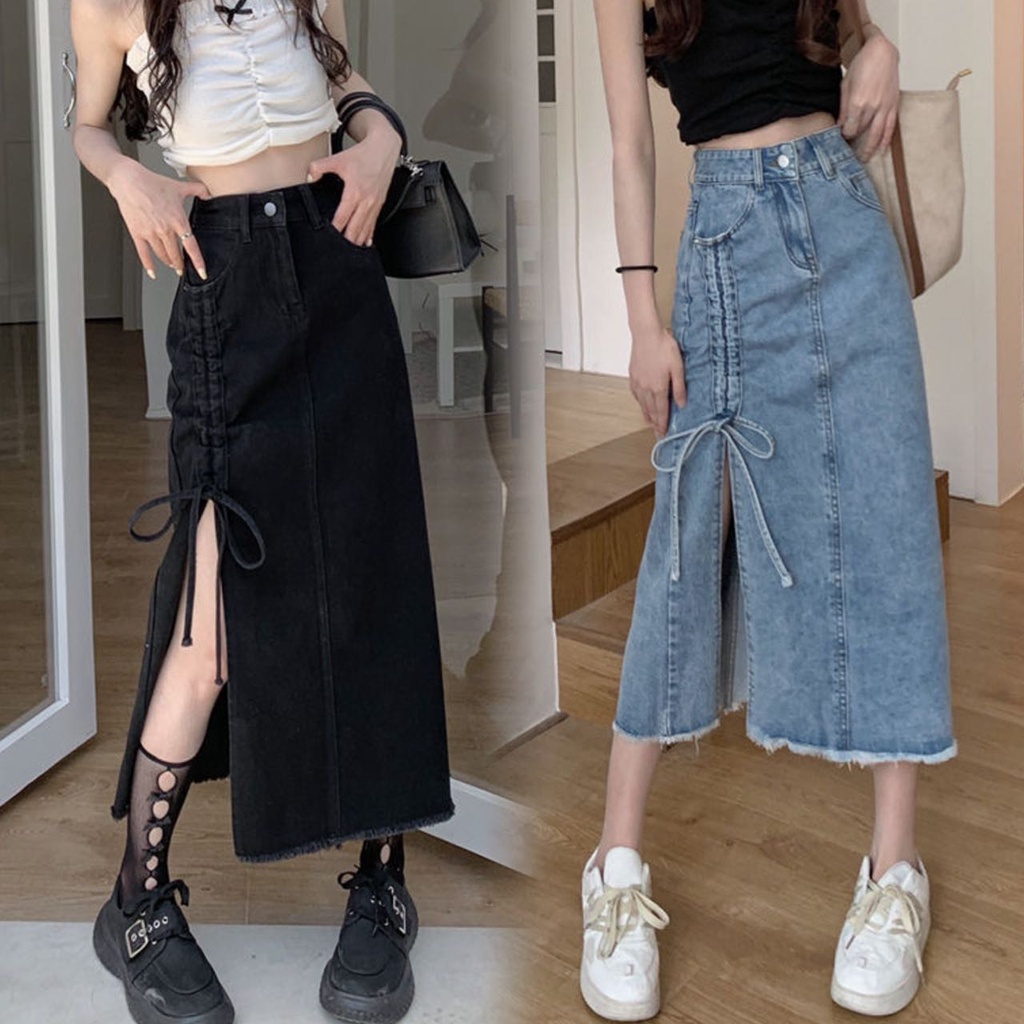 พร้อมส่ง : กระโปรงยีนส์ยาวแต่งผ่าข้างสายรูดข้าง