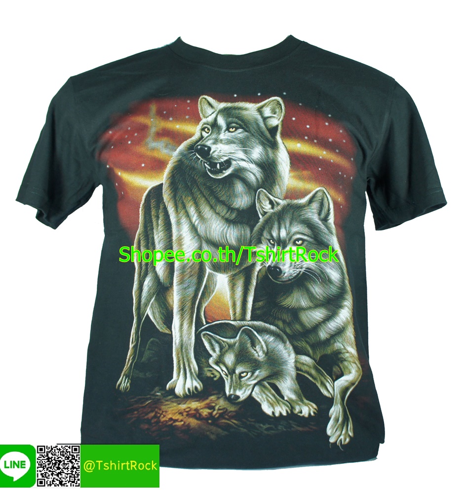 เสื้อลาย หมาป่าสามตัว พระจันทร์ เสื้อยืดสีดำ สกรีนหน้าหลัง ไซร์ยุโรป RCA155