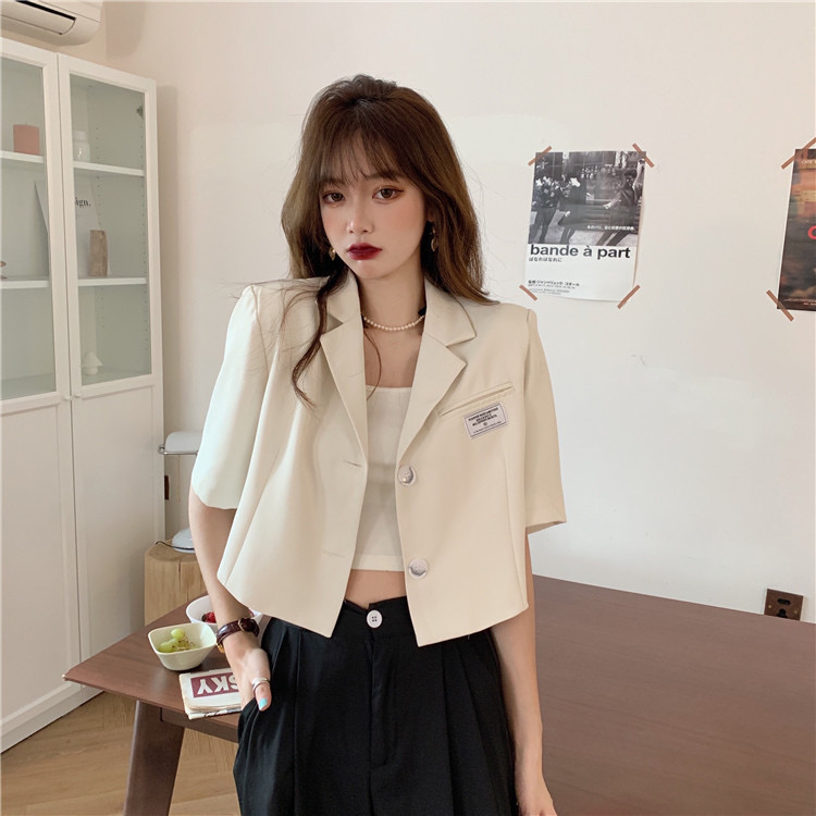 พร้อมส่ง : เสื้อเชิ้ตแขนสั้น เสื้อเบลาส์ เบลเซอร์ สีพื้นทรงครอป