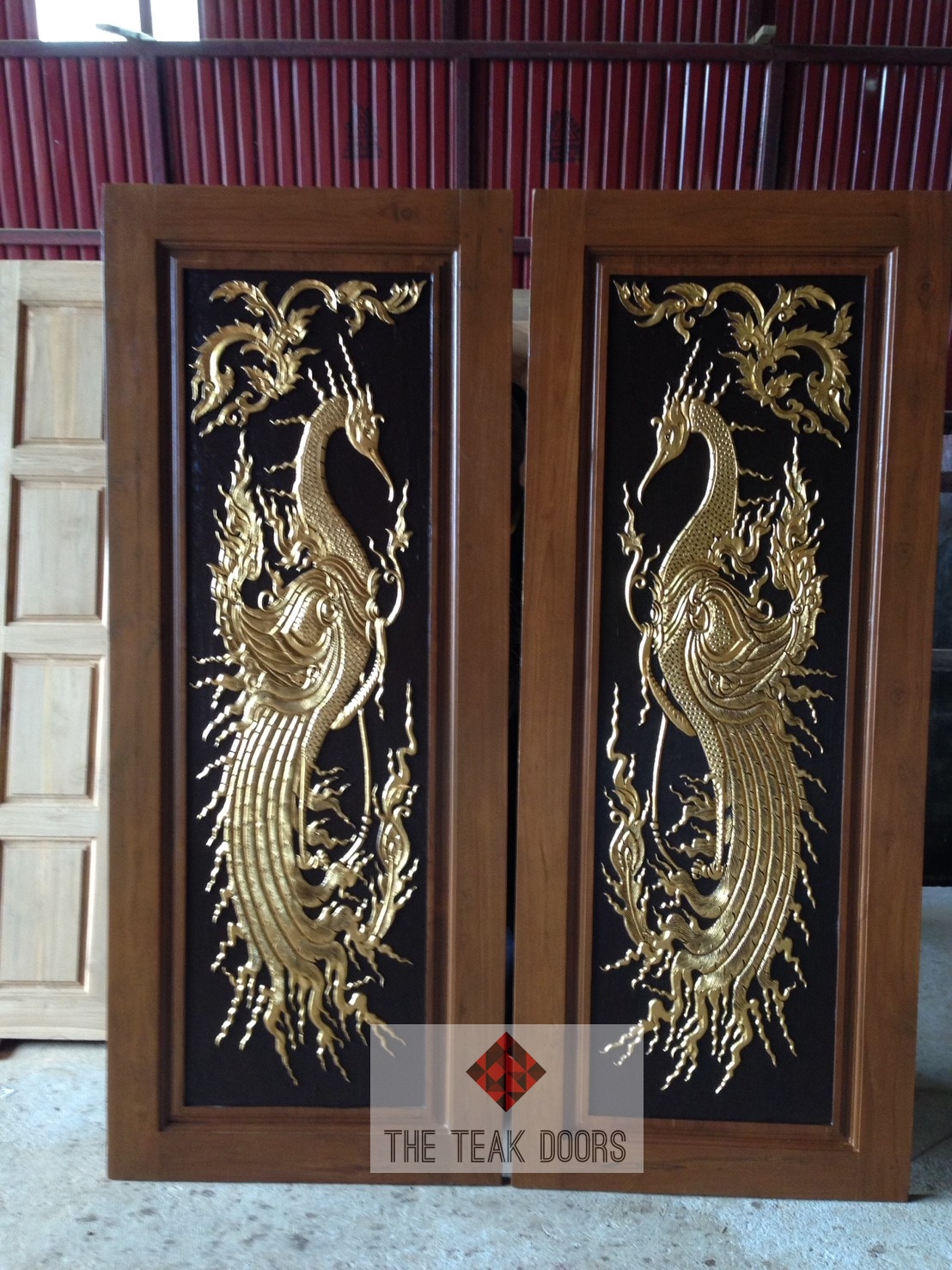 TD218 ประตูไม้สักบานคู่ ลายหงส์ลานนา ขนาด 160X200 ซม.