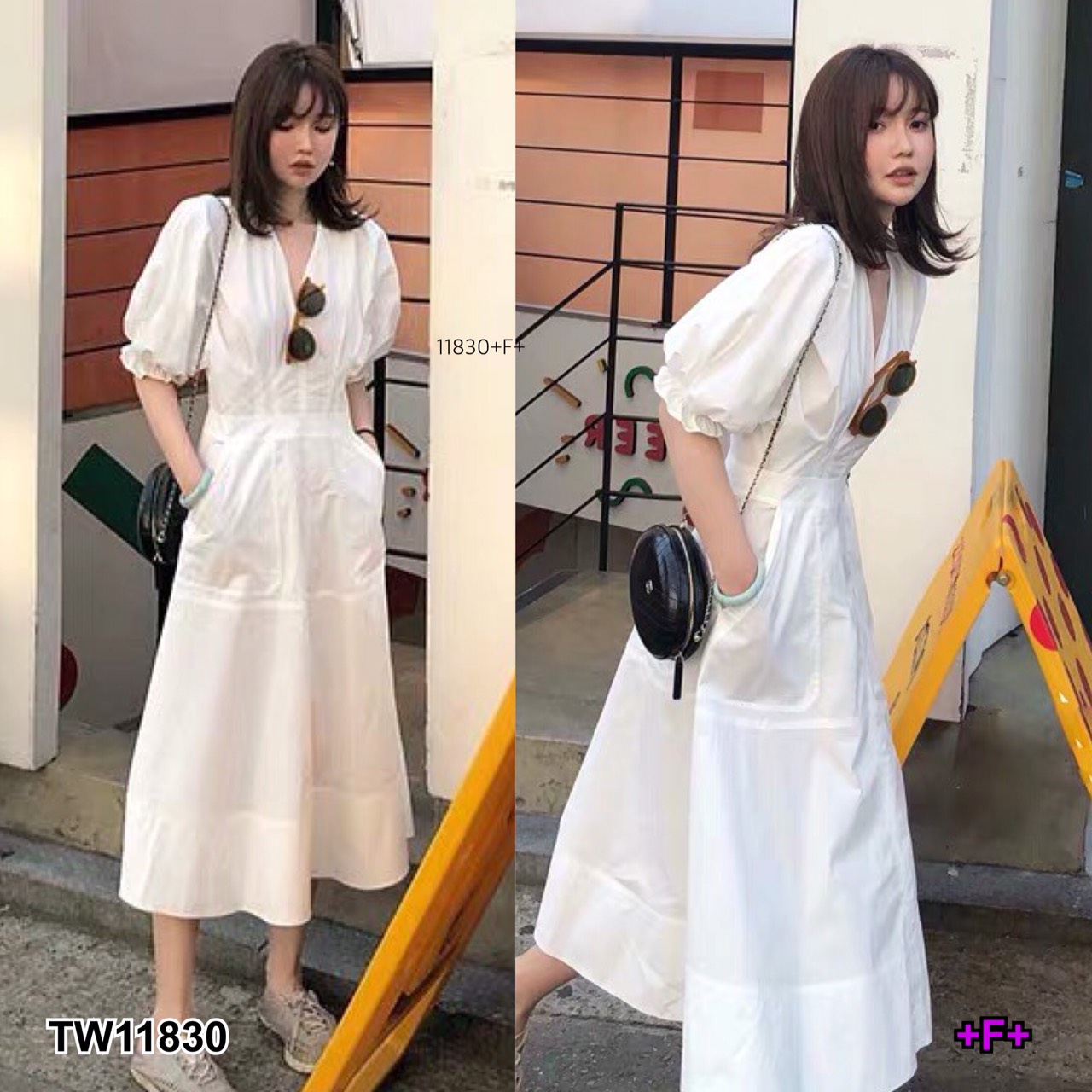 พร้อมส่ง : เดรสยาวคอวีแขนตุ๊กตา