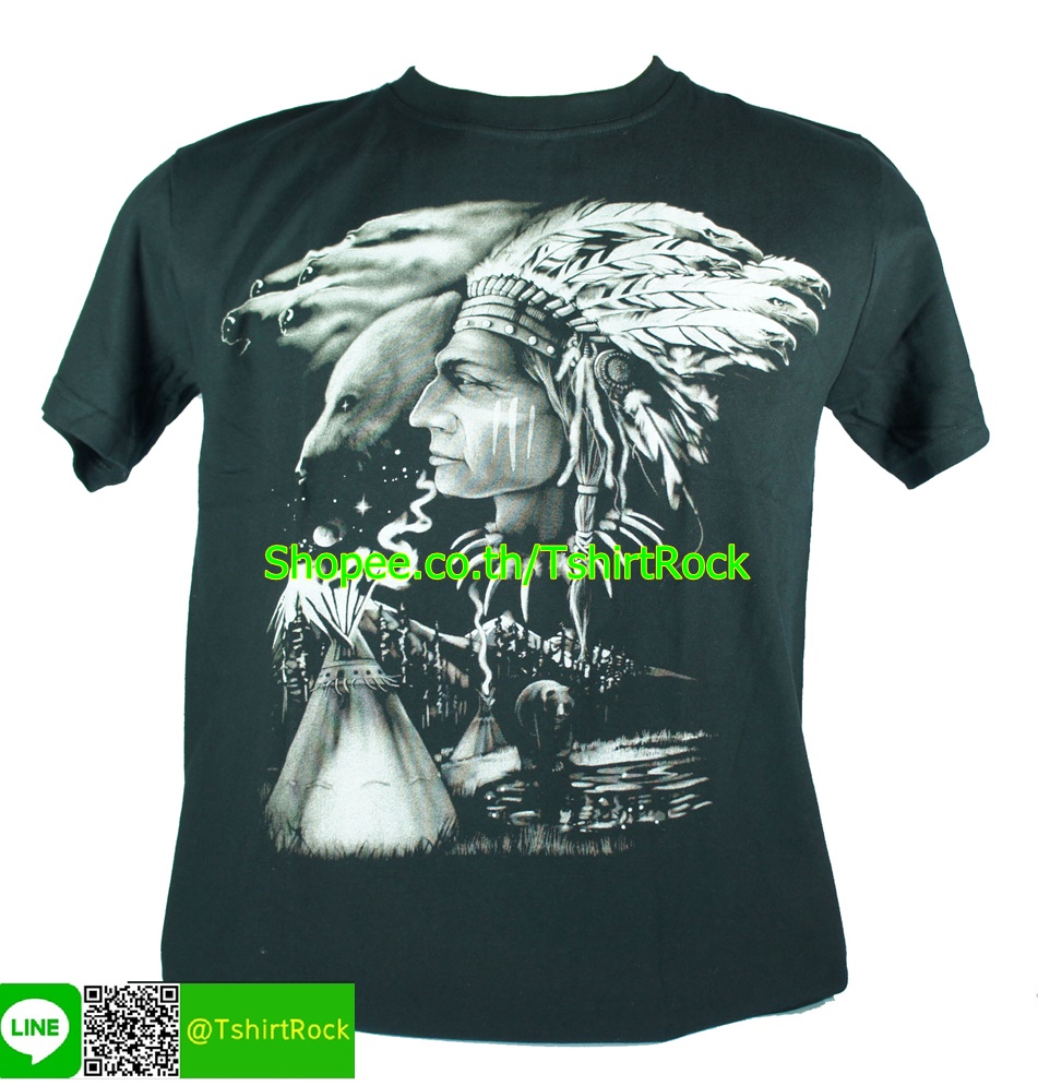 เสื้อลาย หัวหน้าเผ่า อินเดียแดง เสื้อยืดสีดำ สกรีนหน้าหลัง ไซร์ยุโรป RCA115