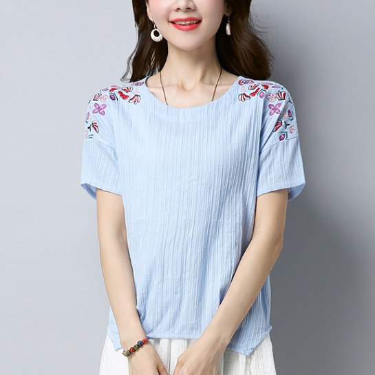 เสื้อผ้าฝ้ายเนื้อนุ่มปักลายดอกไม้-สีฟ้า