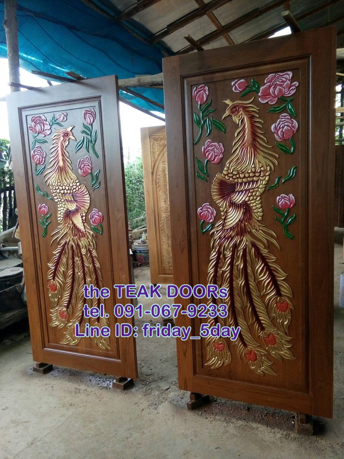 TD201 ประตูไม้สักบานคู่ ลายไก่ฟ้า ขนาด 200X200ซม.