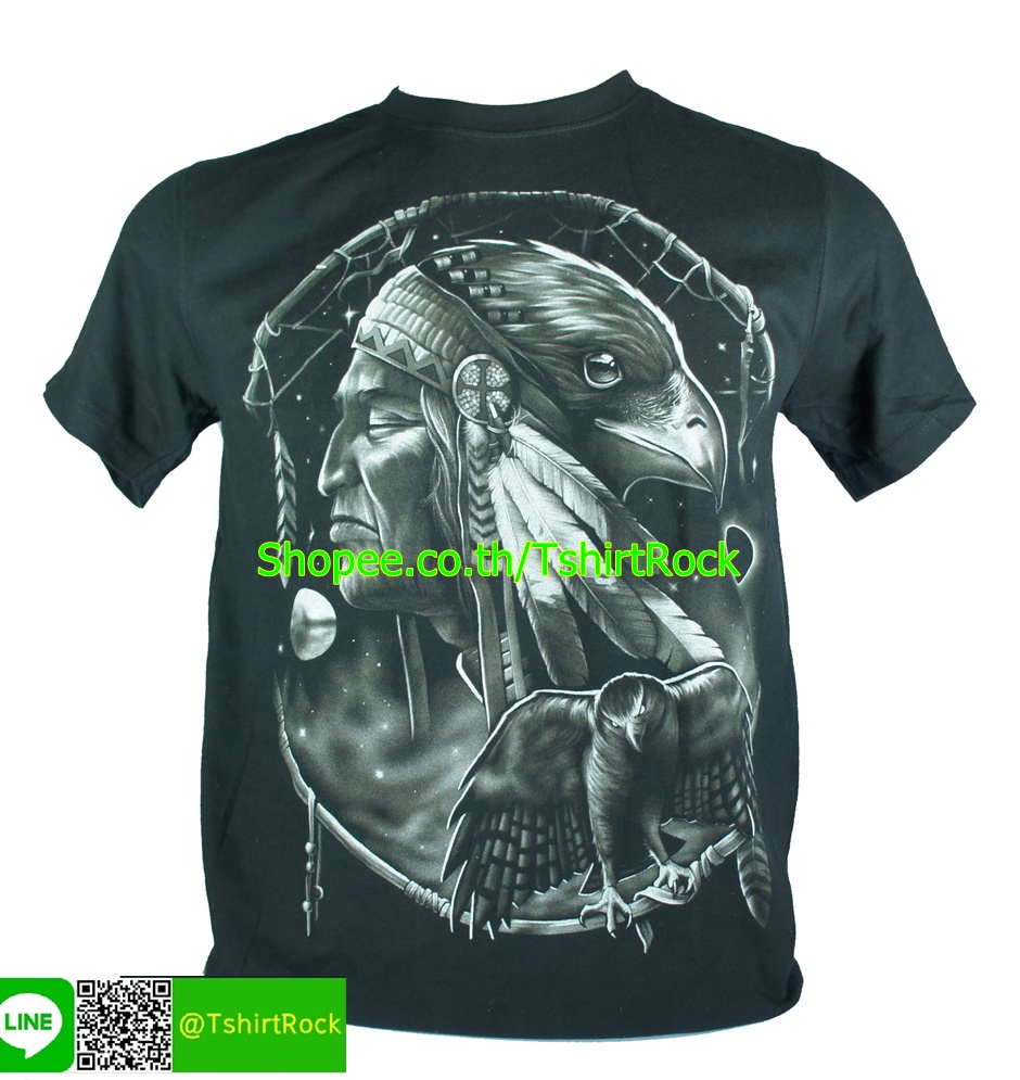 เสื้อลาย อินทรีย์ พระจันทร์ อินเดียแดง เสื้อยืดสีดำ สกรีนหน้าหลัง ไซร์ยุโรป RCA116