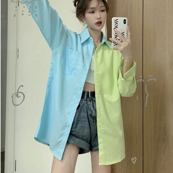 พร้อมส่ง : เสื้อเชิ้ตแขนยาวคอปกสีทูโทน