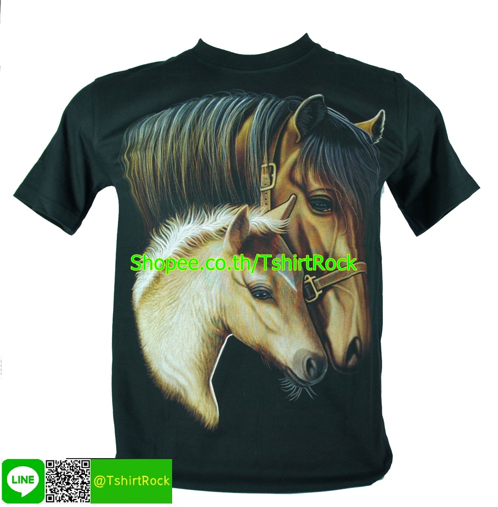 เสื้อลาย ม้า หน้าเต็ม เสื้อยืดสีดำ สกรีนหน้าหลัง ไซร์ยุโรป RCA150