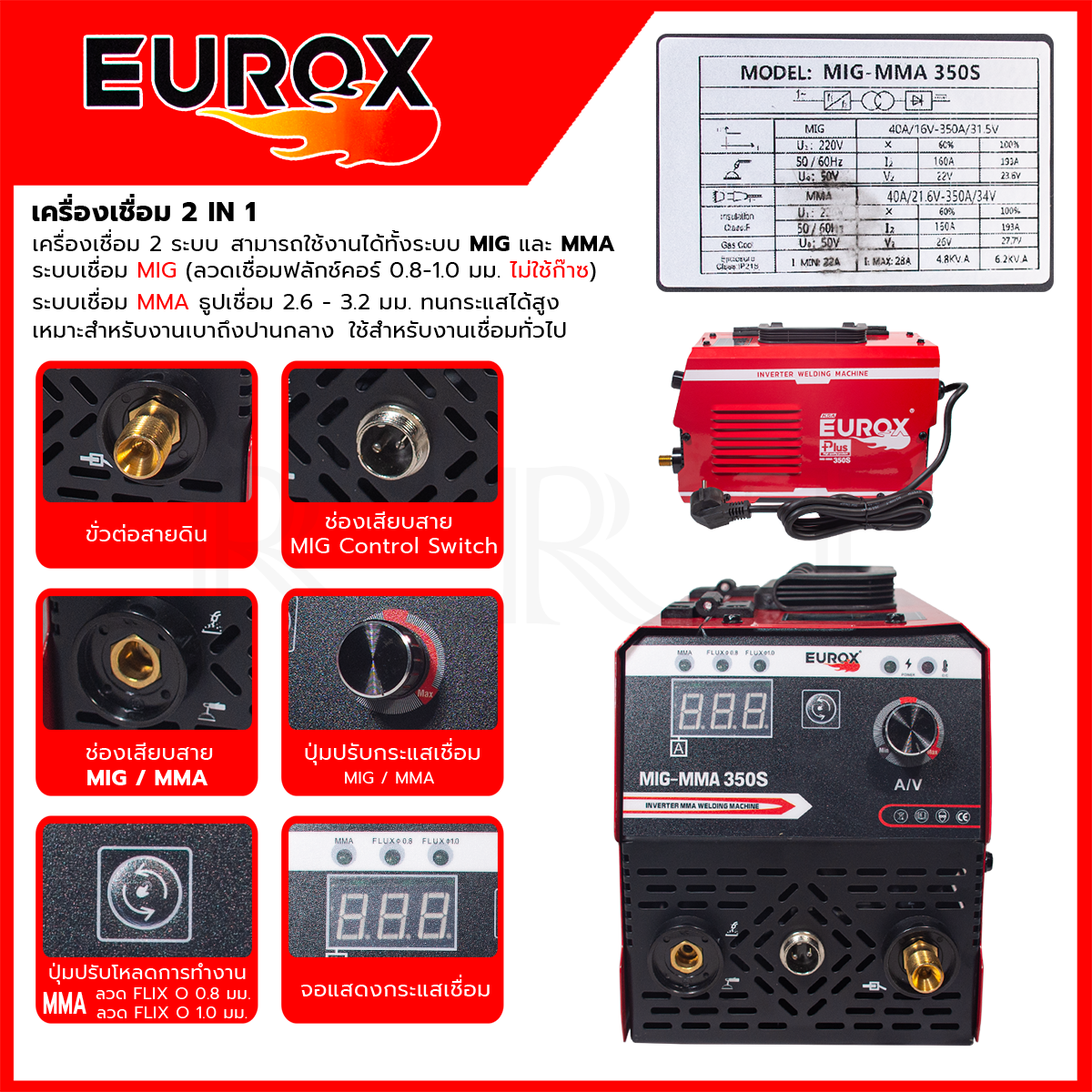 EUROX ตู้เชื่อม MIG ไม่ใช้แก๊ส CO2 รุ่น MIG-350S แถม ลวด 1.0 ขนาด 0.5 กก.