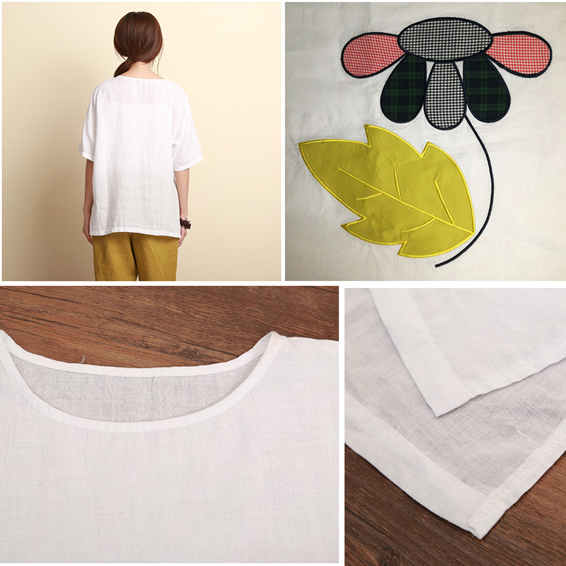 เสื้อผ้าฝ้าย สีขาวDiyปะดอกไม้