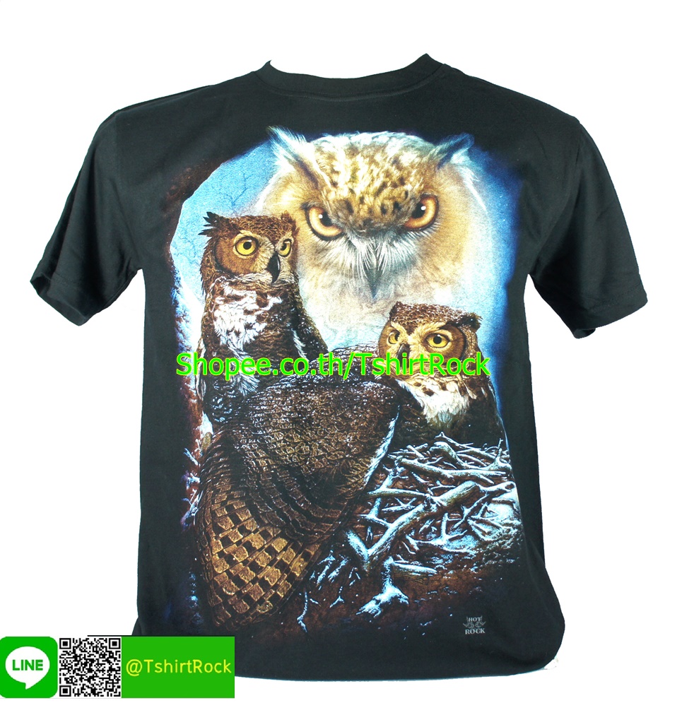 เสื้อลาย นกฮูกในหิมะ เสื้อยืดสีดำ สกรีนหน้าหลัง ไซร์ยุโรป RCA229