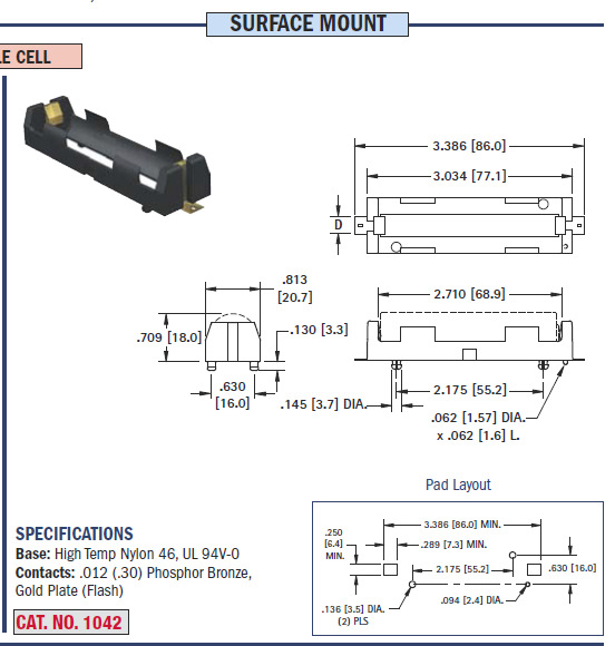 รางถ่าน1ก้อน 18650 ขั้วทองอยางดี ตัวเตี้ยโมง่าย BLM