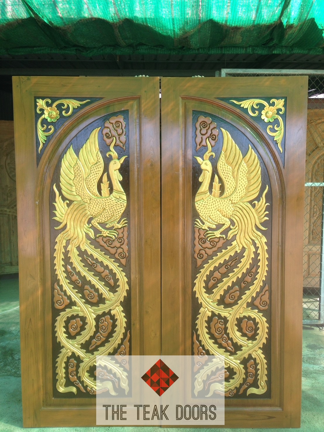 TD262 ประตูไม้สักบานคู่ ลายหงส์ ขนาด 160X200ซม.