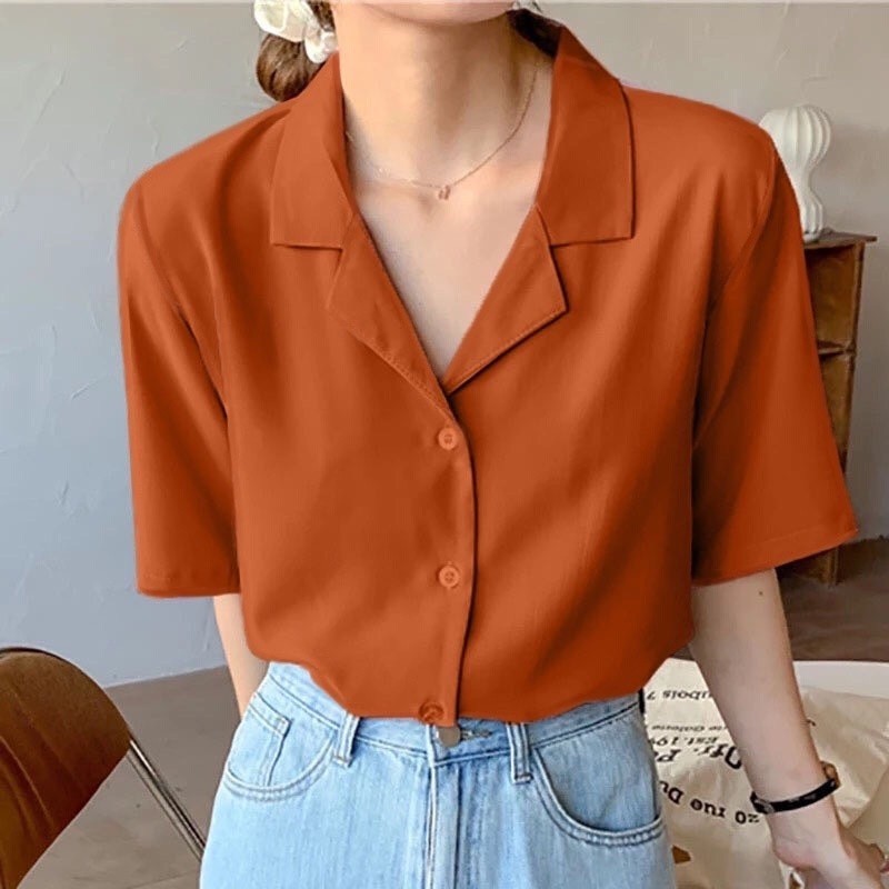 พร้อมส่ง : เสื้อเชิ้ตแขนสั้นทรงฮาวายสีส้มอิฐ