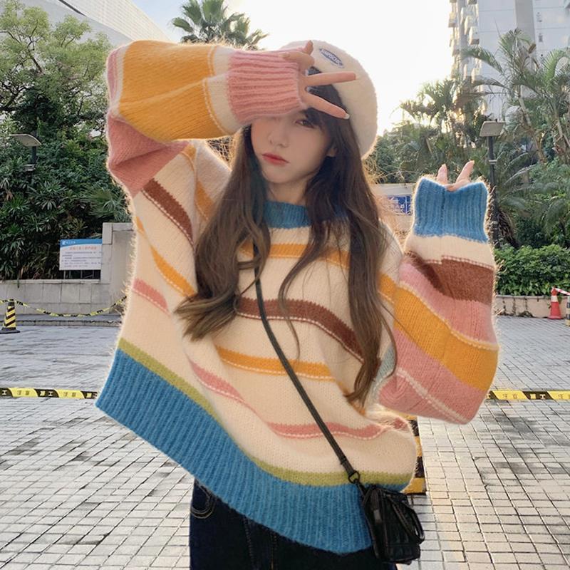 พร้อมส่ง : เสื้อกันหนาวสเวตเตอร์ลายทางสีเรนโบว์