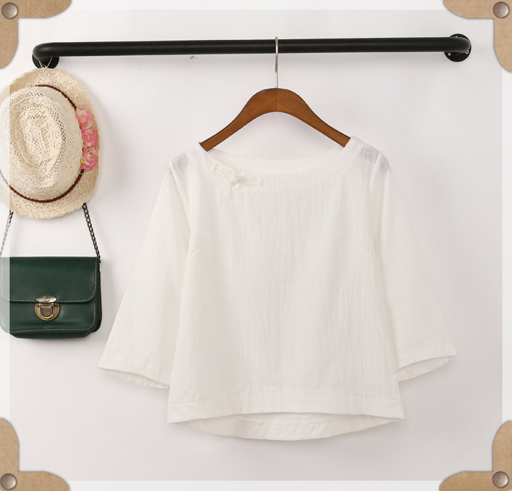 เสื้อผ้าฝ้ายแต่งคอจีนสีขาว