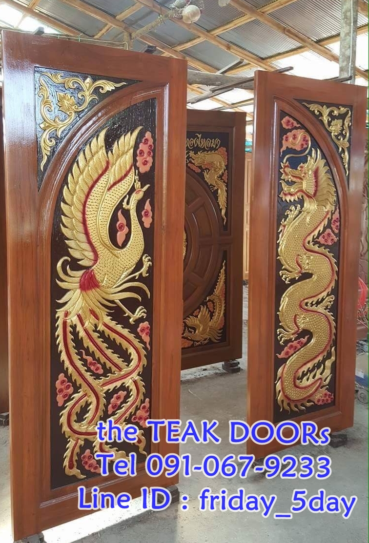 TD272 ประตูไม้สักบานคู่ ลายหงส์ มังกร ขนาด 160X200 ซม.