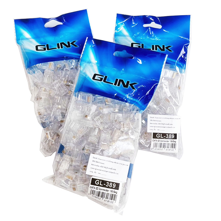 หัวแจ็ค RJ-45 CAT6 แบบทะลุ GLINK สำหรับเข้าหัวสาย LAN รุ่น GL-389 แพ็ค 100 หัว รหัส : GLINK (GL-389)