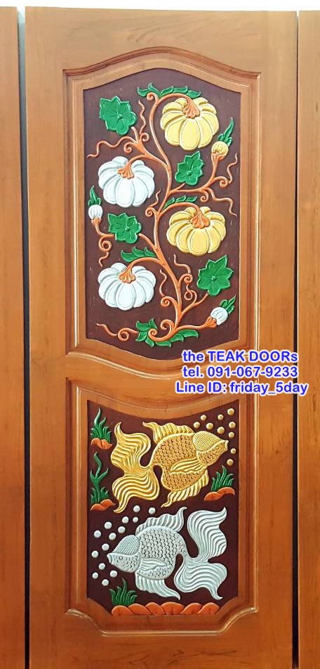 TD128 ประตูไม้สัก บานเดี่ยว ลายบนฟักทองล่างปลาทอง ขนาด 80X200ซม.
