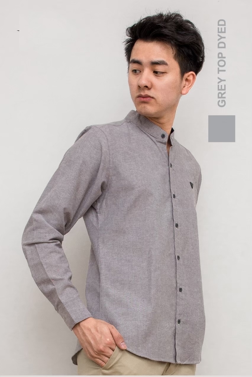 เสื้อเชิ้ตผู้ชายแขนยาวคอจีนทรง Silmfit สีเทาท็อปดราย