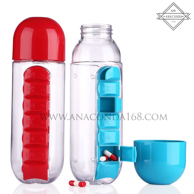 ขวดน้ำพลาสติก พร้อมช่องใส่ยา กระบอกน้ำพร้อมตลับใส่ยา 7 วัน (pill box water bottle)