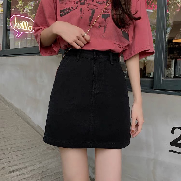 พร้อมส่ง : กระโปรงยีนส์สั้นทรงเอเอวสูง